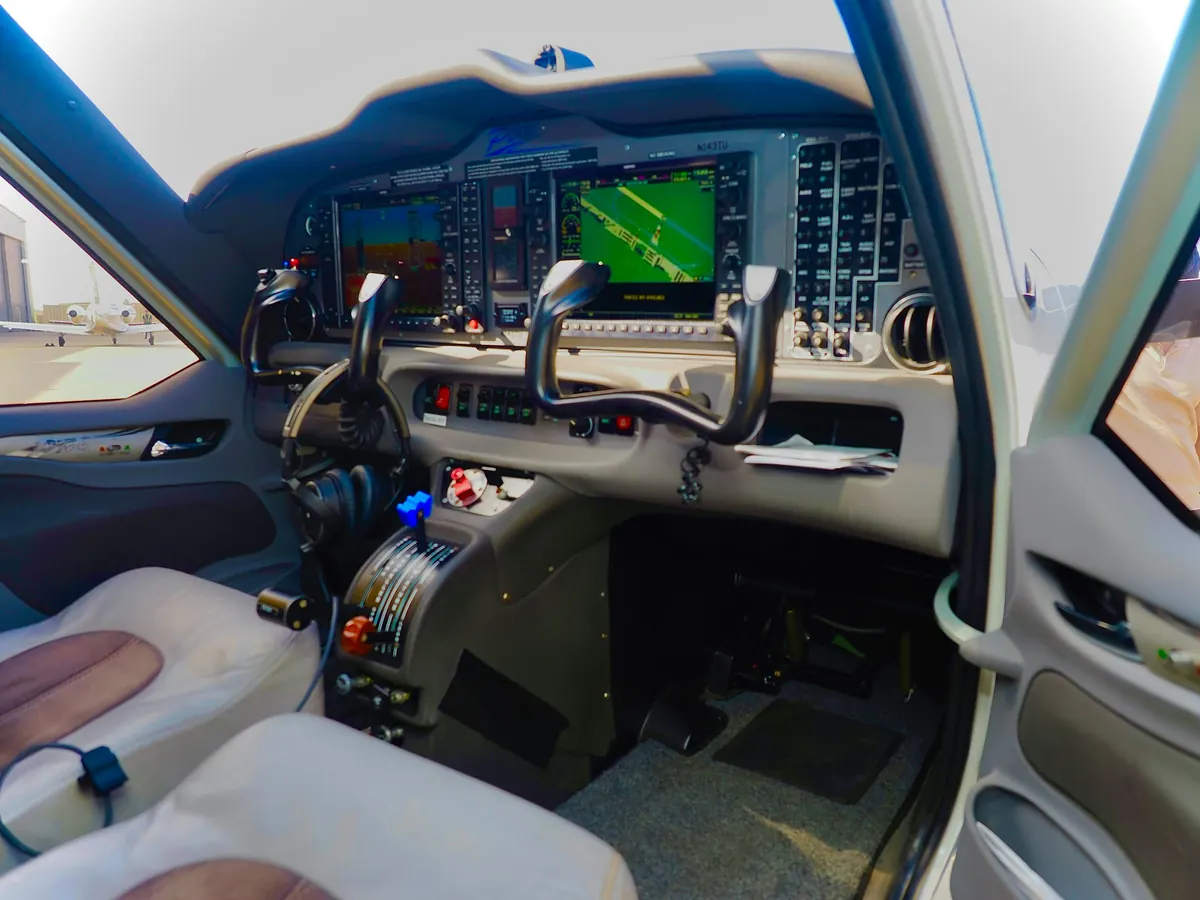 The cockpit of a single-pilot aircraft with glass displays